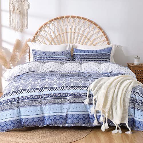 Lekesky Boho Queen Size Duvet Cover Set, Boho Blue Retro Comforter Cover Queen Size Floral Striped...