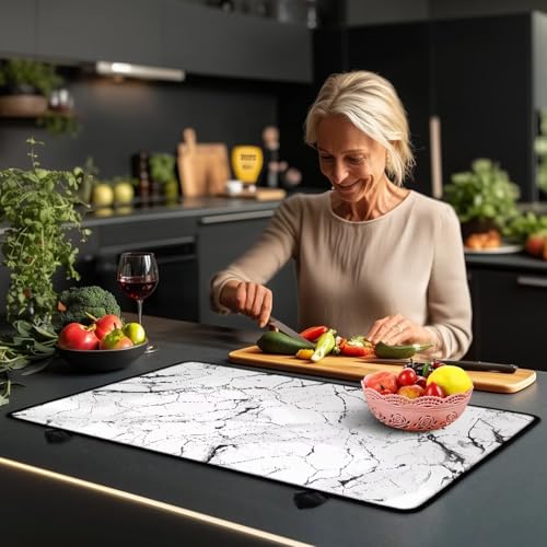 Image of Poceacles Glass Stove Cover Cooktop Protector Foldable Electric Stove Top Protector Non-skid Countertop Protector Washer Dryer Top Cover for Home Decor, White Black Marble