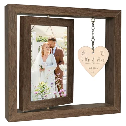 EYITUPC Rotating Floating Mr and Mrs EST 2025 Photo Frame Wedding Gifts for Bride and Groom - Display Two 4x6 Inch