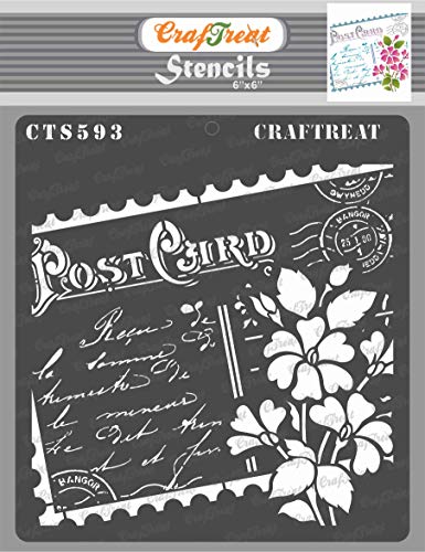 CrafTreat Reusable Postal Stencils for Painting on Wood, Canvas, Paper, Fabric, Floor, Wall and Tile - Carte Postale - 6x6 Inches - DIY Art and Craft Stencils for Mixed Media Art - Postal Stencil
