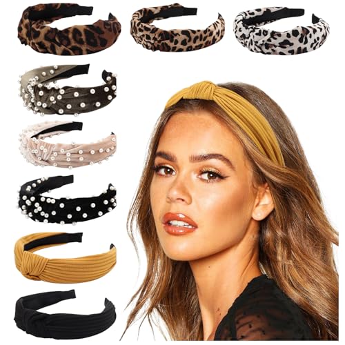 Image of DRESHOW 8 Pack Knotted Headbands for Women Wide Turban Headband Yoga Exercise Ribbing Hair Hoop Hair Bands Accessories