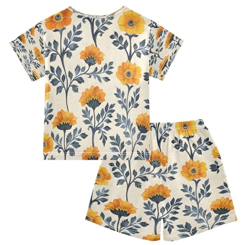 senya Short Sleeve Pajamas Sets Summer Cotton Sleepwear Indigo Marigold Flowers2