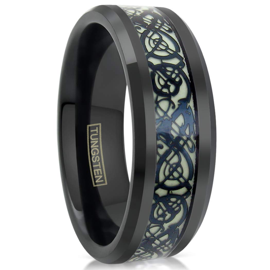 King's CrossBrilliant Glow in The Dark 8mm Polished Piano Black Tungsten Carbide Band Ring with Matching Black Celtic Dragon Inlay.