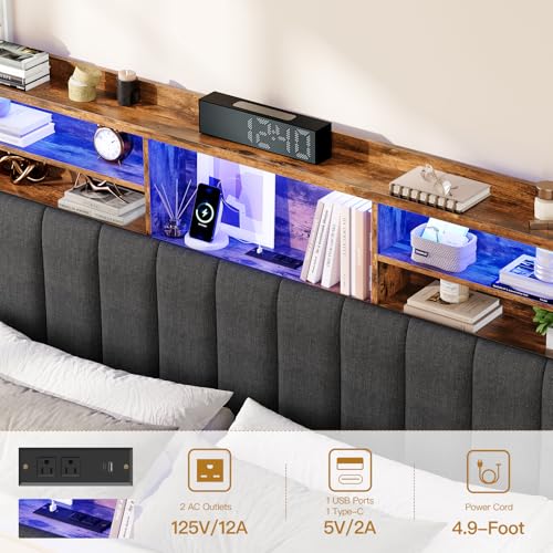 Image of TEENFON Queen Bed Frame with Headboard and 4 Drawers Storage, Bed Frame Queen Size Built in LED Lights and Charging Station, Sturdy & Noise-Free Upholstered Platform Metal Support Bed, Dark Grey
