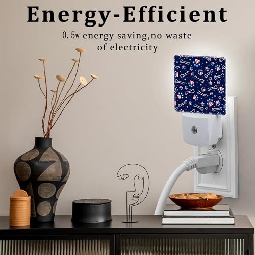 Image of USA Flag and Paw Prints Night Light Plug into Wall, Cute American Patriotic Dog Prints Dusk to Dawn Night Light Plug in,0.5w Energy Saving Sleep Friendly NightLight for Kids Boys Girls Home Decor