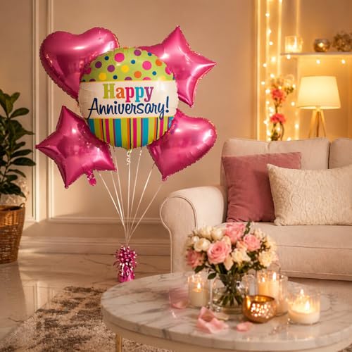 Image of Wanna Party Happy Anniversary Foil Balloon Set of 5 for Decoration | 1 Round Anniversary Balloon (18 Inch) + 2 Pink Heart Balloons + 2 Pink Star Balloons | Helium Supported Party Decor