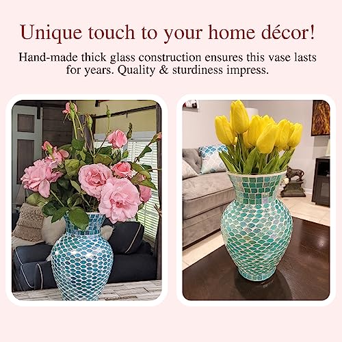 Whole Housewares | Mosaic Glass Vase | 10.5" Home Décor Centerpiece | Elegant Glass Flower Vase For Office, Living Room, Kitchen, Wedding Banquet, Dried And Artificial Flowers | Home Décor (Turquoise) #TOP5
