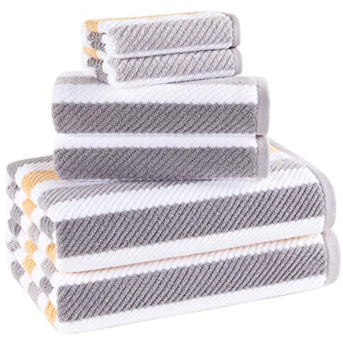 Truly Lou 100% Cotton Quick Dry Textured Bath Towel Set, 6 Piece Set - 2 Bath Towels, 2 Hand Towels And 2 Washcloths, Highly Absorbent, Fast Drying, Striped Pattern, Bathroom Towel Set (Yellow / Grey) #TOP1