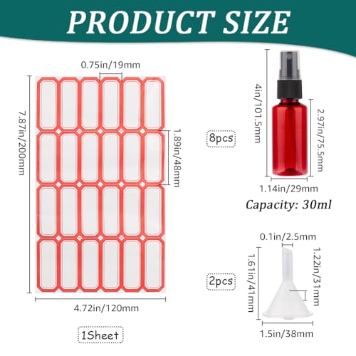 GORGECRAFT 1oz/30ml Mini Spray Bottle 8Pcs Amber Empty Fine Mist Plastic Fragrance Perfume Bottle No Leak Travel Bottle Set Small Refillable Liquid Containers with 2pcs Funnels and 24pcs Labels2