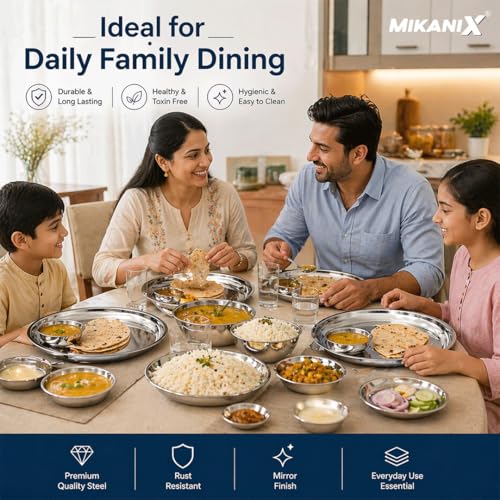 Image of MIKANIX Stainless Steel Dinner Plates | Heavy Duty Steel Thali | Food Grade, Rust Resistant, Durable Dinner Plates | Round Serving Plates for Kitchen, Dining, Home Use (Pack of 4)