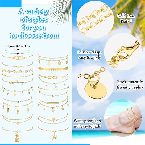 Hicarer 16 Pieces Ankle Bracelets 14K for Women Anklets Set Boho Beach Anklets Foot Chains Adjustable Foot Hand Jewelry Romantic Gift2