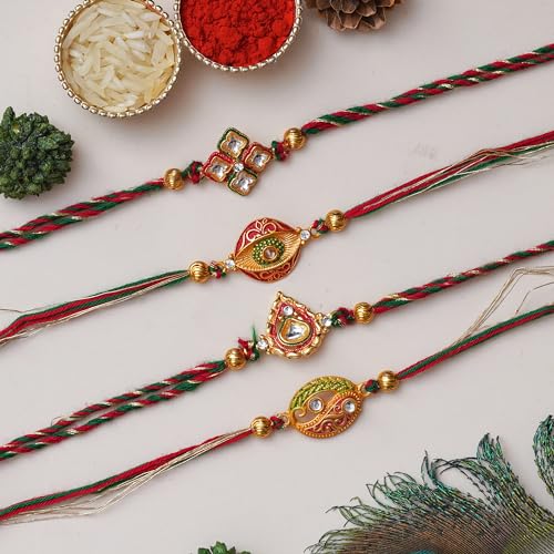 Image of eCraftIndia Multicolor Set of 4 Radha Krishna Playing Flute, Peacock, Krishna Flute, Peacock Feather Designer Religious Rakhis with Roli Chawal Pack
