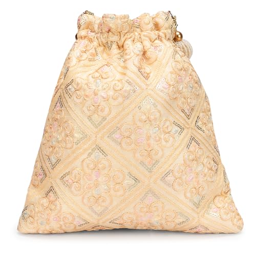 Image of LONGING TO BUY Indian Embroidered Pearl Potli Bag For Women, Sequence Design with Tassel, Wedding Potli Bags