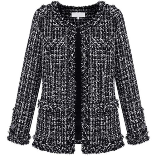 Women's Collarless Plaid Tweed Blazer Elegant Open Front Fringed Casual Business Glitter Jacket