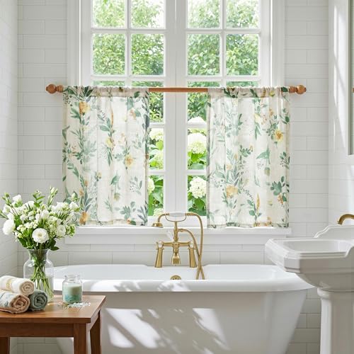 Image of MYSKY HOME Floral Kitchen Curtains 24 Inches Linen Tier Curtains 2 Panesl | Farmhouse Green Flower Patterned Small Window Treatments Airy Light Filtering Rod Pocket for Living Room Bathroom, Each 26 inch W