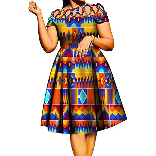 Image of XIAOHUAGUA African Dresses for Women Cotton Cutout Neck Short Sleeve Ankara Dashiki Cocktail Party A-Line Flare Dress