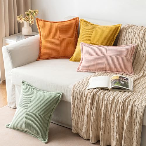Image of MIULEE Fall Burnt Orange Decorative Throw Pillow Covers for Couch Bed Livingroom 16x16 Inch Set of 2 Boho Accent Throw Pllows Broadside Striped Patchwork Soft Corduroy Pillowcases