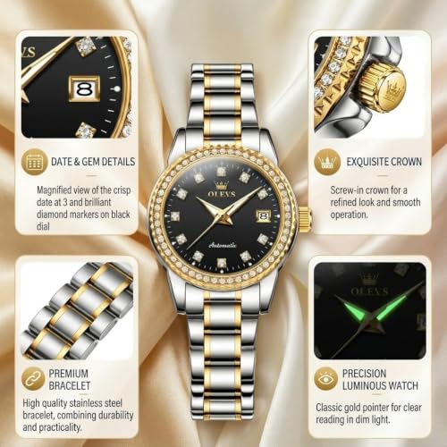 Image of OLEVS Women's Automatic Watch Luxury Mechanical Stainless Steel Two Tone Waterproof Self Winding Dress Small Ladies with Date Diamond Elegant Casual Business Wristwatch Gold /Blue /Black /White