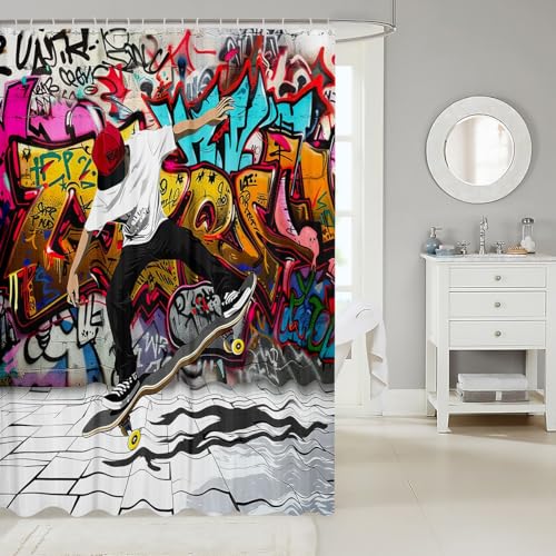 Image of Boys Skateboard Bathroom Shower Curtain Set Colorful Graffiti Style Shower Curtain for Stalls Bathtubs Decor Skate Board Bath Curtain Hip Hop Street Culture Waterproof Bathroom Curtains 72x78 Inch