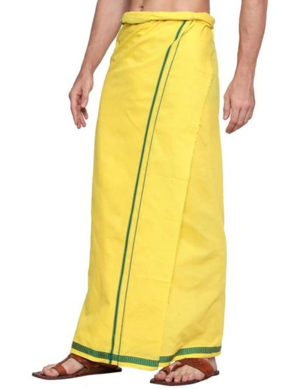 Men's 100% Pure Cotton Yellow Dhoti with Green Zari Border-picture-51