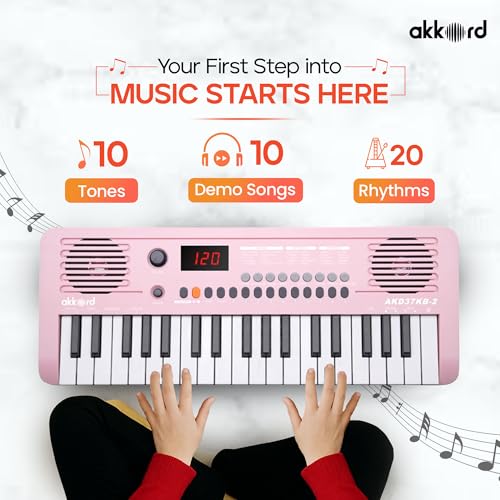 Image of Akkord 37 Keys Music Keyboard - Red Edition | 20 Rhythms, 10 Tones & 10 Demos, LED Display, Portable Beginner Piano Compatible | Kids, Beginner Keyboard with USB-C Cable (Without Adapter and MIDI)