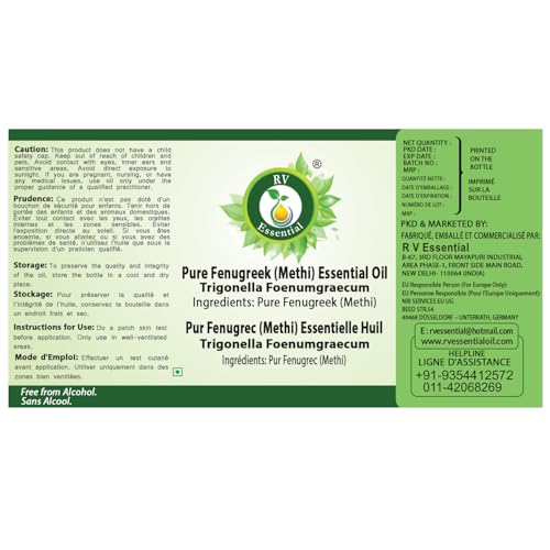 Image of R V Essential Pure Fenugreek (Methi) Essential Oil 15ml- Trigonella Foenumgraecum (100% Pure and Natural Steam Distilled) For Skin Face Hair Scalp Massage Aromatherapy Diffuser Soap Candle Making