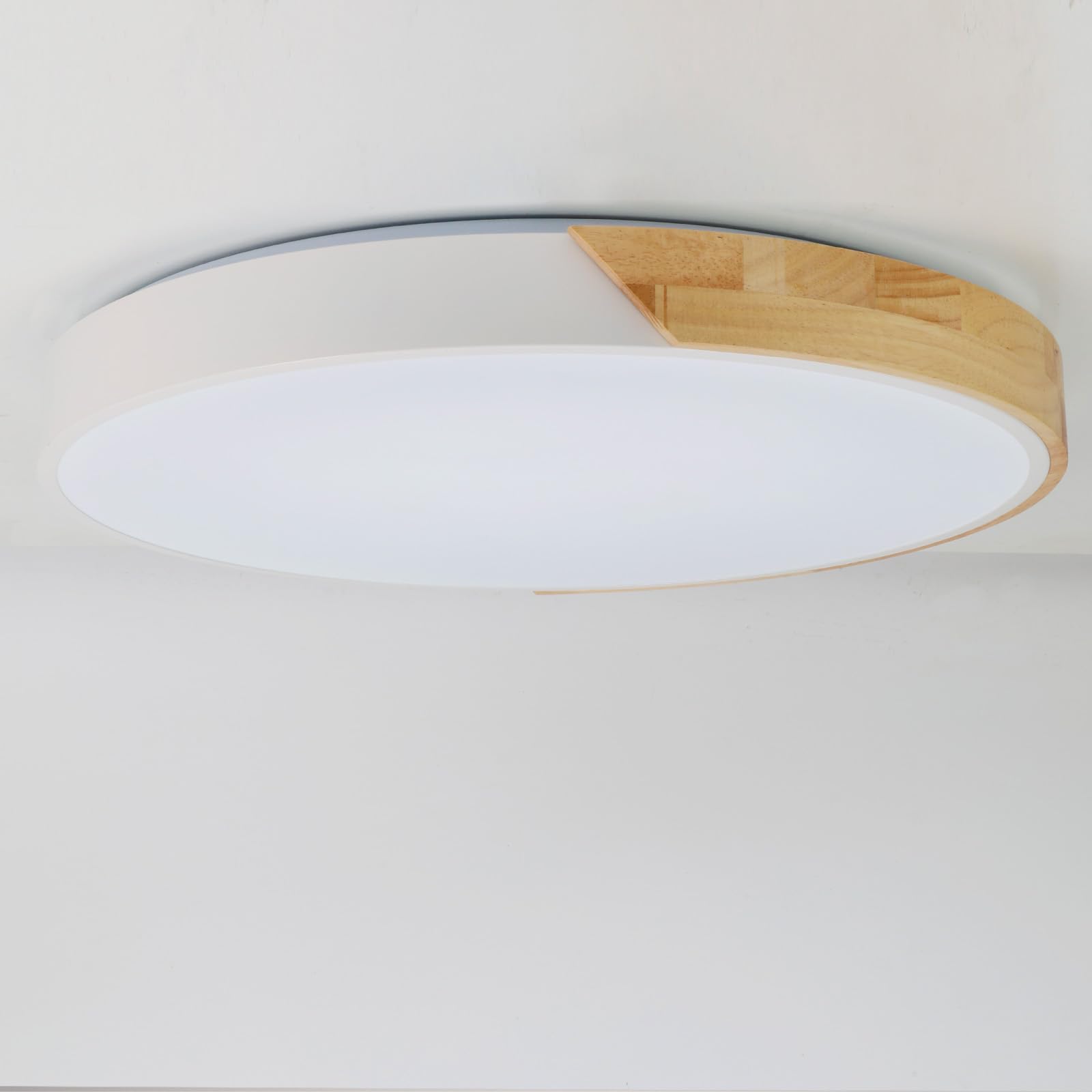 Alpinaluz Plafón LED de Techo Ø50 cm – Metal Blanco y Madera Natural – 40W con Luz Regulable CCT (3000K/4000K/6000K) – Estilo Nórdico Moderno para Salón, Comedor o Dormitorio