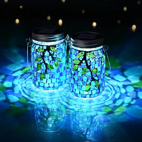 Uspring 2 Pack Mosaic Solar Lanterns Outdoor Waterproof Garden Decor Stained Glass Hanging Solar Jar Lights Gifts for Women Mom Grandma Handmade Outdoor Lantern Lamp for Patio Porch Yard Table