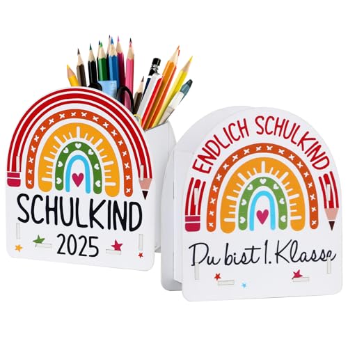 BOFUNX Schreibtisch Organizer Kinder Einschulung Geschenk Schulkind 2025 Holz Stiftehalter Endlich Schulkind Stifteköcher Stifthalter Organizer für Jungen Mädchen Schulanfang Einschulung Geschenk