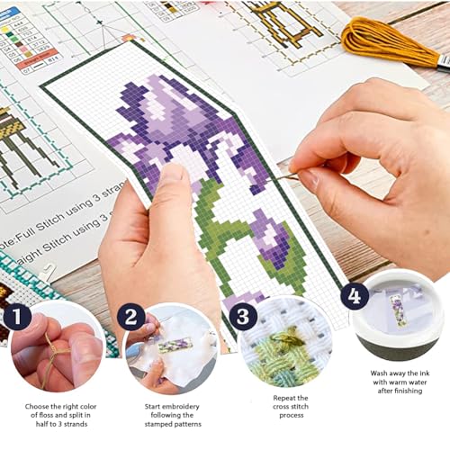 Image of FREEBLOSS 6 Set Iris Cross Stitch Bookmark Kits Hand Embroidery Kit for Beginners Counted Cross Stitch Kit DIY Bookmark Kit Full Cross Stitch Embroidery Kit for Women Hobby 22 * 8cm
