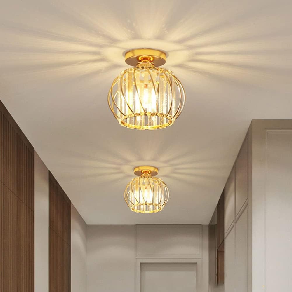 Gold Crystal Chandeliers Ceiling Lights, E27 Semi Flush Mount Ceiling Lights Fixture,Led Crystal Ceiling Lamp for Hallway Kitchen Bedroom Living Room Dining Room (Ceiling) (Gold Ceiling)/D/C