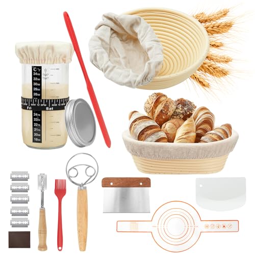 LZRBUBO Gärkorb brot Set 10-Teiliges Sauerteig Starter Set - Inkl. 2 brot Gärkörbchen(23cm Runde und 25cm Ovale) 730ml Gärglas brot backen zubehör-Komplettset Sourdough Starter Kit für Einsteiger