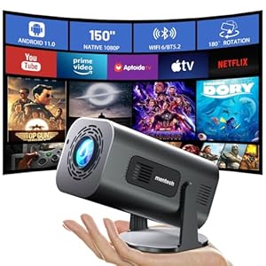 Mini Projector with WiFi and Bluetooth, 180°Adjustable Stand Smart Projector, 150″ Portable Projector with Android TV 11.0, 2.4G/5G, Native 1080P, 300 ANSI Auto Keyston Outdoor/Home Movie, Iron Grey