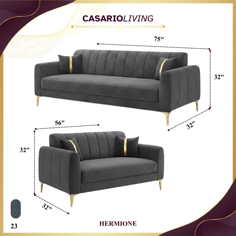 Image of Hermione Luxe Velvet-Suede Fabric 3 Seater + 2 Seater Sofa Set | Golden Legs | Comfortable & Spacious Seating | Modern Sofa Set for Living Room - Dark Gray