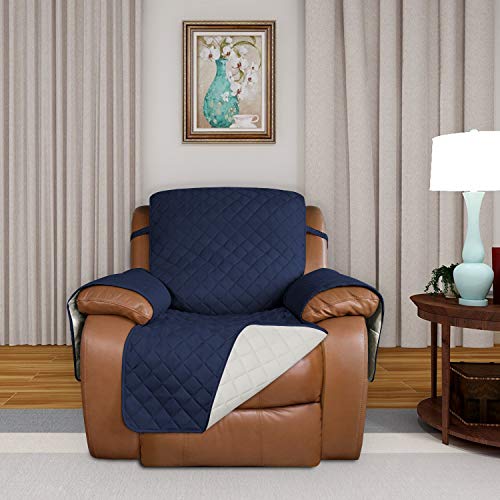 Image of PureFit Reversible Quilted Sofa Cover, Water Resistant Slipcover Furniture Protector, Washable Couch Cover with Non Slip and Elastic Straps for Kids, Dogs, Pets (Oversized Recliner, Navy /Ivory)