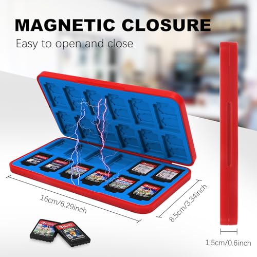Image of FYY Nintendo Switch Game Case Holder for Switch 2 Cartridge Case with 24 Game Card Slots & 48 Micro SD Card Slots, Hard Shell, Silicone Lining Red Blue