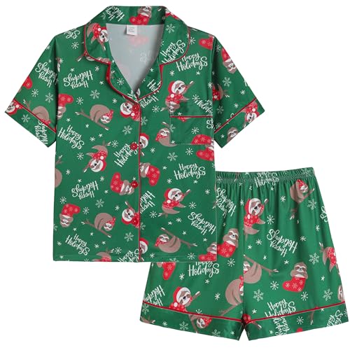 Vopmocld Unisex Kids Button Down Pajama Sets Short Sleeve & Shorts Solid Color Teens Outfit with Pockets 2pcs Lounge Sets Nightwear Jammies Xmas Sloth 10