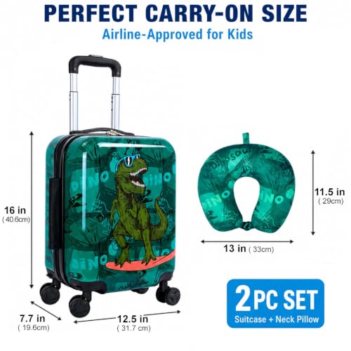 Skateboard Dinosaur Kids Luggage 2PC Set: Airline-Approved Carry On Boys Suitcase with 360° Spinner Rolling Wheels, Includes Neck Pillow by gxtvo - Used condition - Image 5