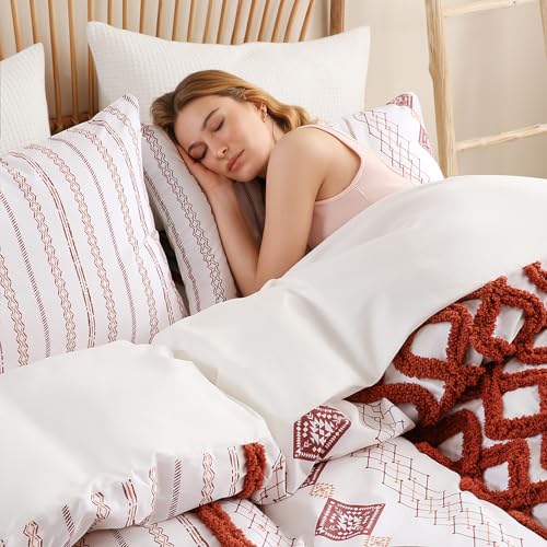 Image of MOVE OVER 100% Cotton Tufted Duvet Cover Set Queen 3 Pieces Burnt Orange Boho Chic Farmhouse Bedding Set with Zipper Closure and Ties Mid Century Modern Comforter Cover All Seasons