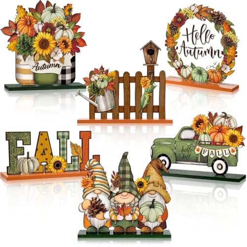 Wenqik 6 Pcs Hello Autumn Wooden Table Decorations Fall Wood Tabletop Sign Centerpiece Rustic Decorations for Office Desk Farmhouse Home Kitchen Tiered Tray Decor Shelves Table Decorative(Green)