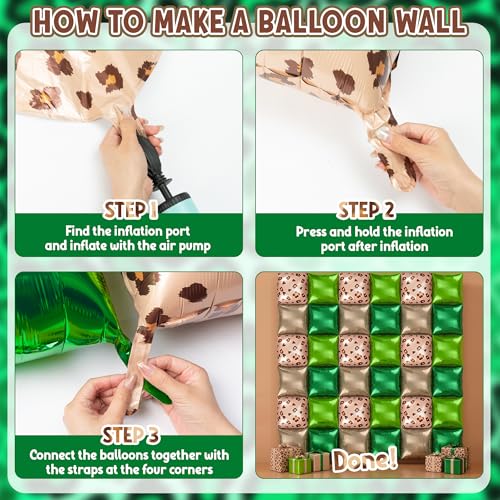 Image of Xqumoi Cheetah Print Square Foil Balloons Wall Backdrop - 36pcs Mixed Color Leopard Print Balloon Kit, Party Decor for Birthday, Bachelorette, Wild Theme Party Photo Booth Backdrop (Green)