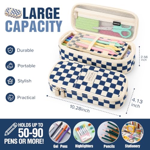 Image of Pencil Case, Large Capacity Aesthetic Pencil Cases with Durable Zipper, Big Stationery Pencil Pouch for Women & Men, Adults Portable Storage Organizer Bag for College, office, Travel (Blue Grid)
