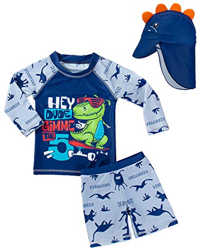 Baby and Toddler Boys' 3-Piece Swimsuit UPF 50+ Sun Protection Swimwear Sets with Sun hat+FBA (Skateboard Dinosaur ?2-3 T)