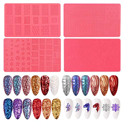 4Pcs Mix Nail Art Silicone Printing Template Nail Mold 3D Soft Silicone Nail Carving Mold Sculpture Stamping Stencils 3D Relief Decorating Manicure Tool #TOP17