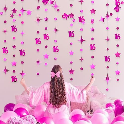 Image of Hot Pink Number 16 Circle Dot Twinkle Star Garland Hanging Streamer Bunting Banner Backdrop Decorations for Girls Happy 16th Birthday Sweet Sixteen 16th Anniversary Cheers to 16 Years Party Decor