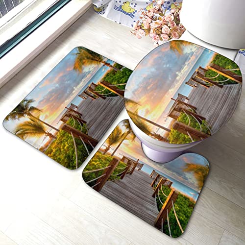 DIRYKILP Badematte + Konturmatte + Toilettendeckelbezug, Palmen Strand Meer Ozean 3 Stück Badematte Set, mit Anti-Rutsch-Klebeboden