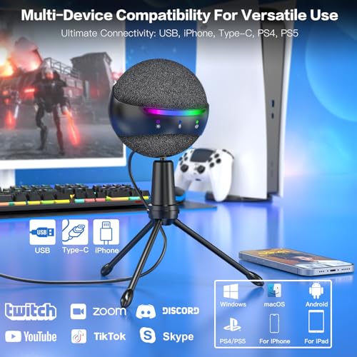 Image of ZealSound Podcast USB Microphone for PC /Mac /iPhone, Cardioid Condenser Mic with Noise Reduction, Tap-to-Mute, RGB Lighting, Zero Latency Monitoring, Volume Control for Gaming, Recording, YouTube