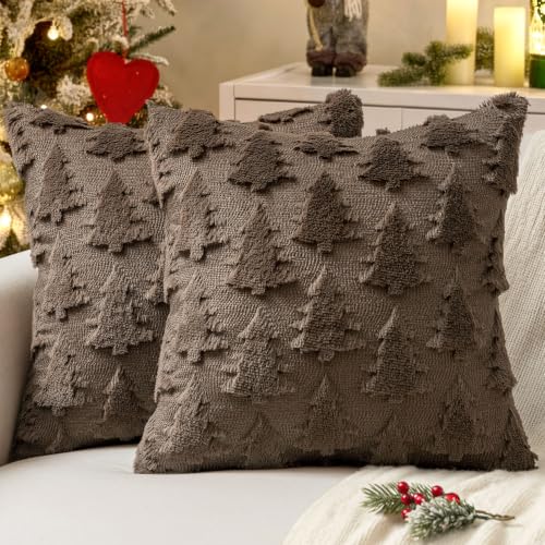 Image of MIULEE Christmas Throw Pillow Covers Reddish Brown Christmas Decorations Set of 2 Xmas Tree 18x18 Pillow Covers Soft Faux Wool Pillowcases Holiday Festivals Winter Home Decor Sofa Couch Bed Porch