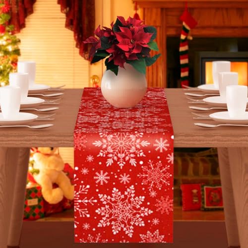ROELLY Camino de Mesa Navideño , Camino Mesa Rojo Copo de Nieve, Camino de Mesa Moderno Navideño Lavable, Decoración de Mesa Navideña de 40 * 180 cm, Adecuado para Decoración de Mesa