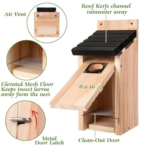 Dreyoo Cedar Bluebird Box Houses for Outside, 1-1/2'' Entrance Hole Wooden Bird Houses with Metal Guard, Secure Latch, Fledgling Grooves, Air Vents for Bluebird Wren Swallow(2 Pack)